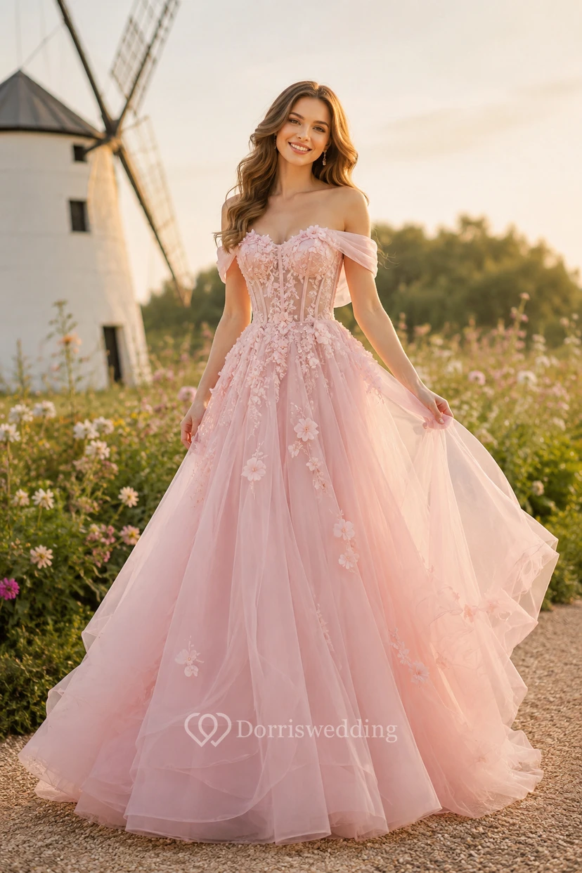 Zartrosa schulterfreies A-Linien-Abendkleid aus Tüll mit floralen Applikationen