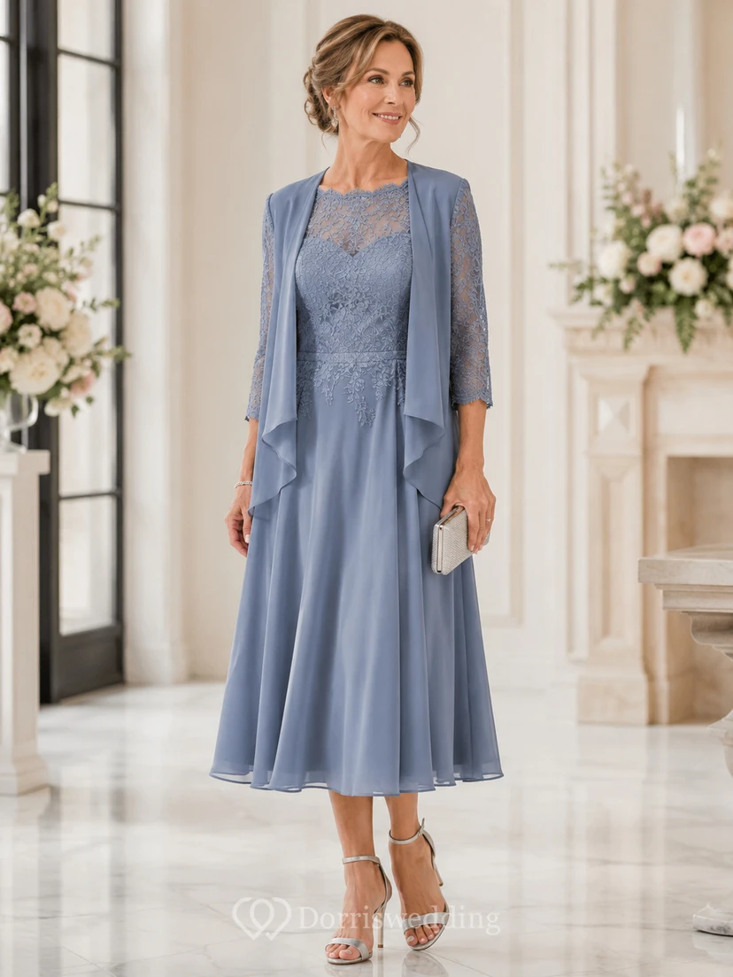 A-Line Tea-Length Bateau 3/4 Length Sleeve Chiffon Mother Dress with Lace