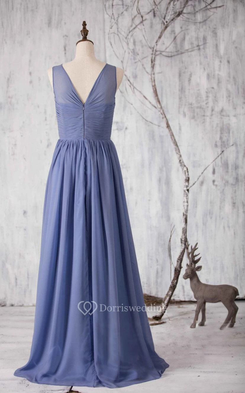 V Neck V Back Pleated A-line Chiffon Long Dress With Beadings view 4