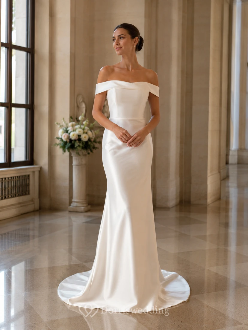 Vestido de novia civil de satén con hombros descubiertos y corte sirena