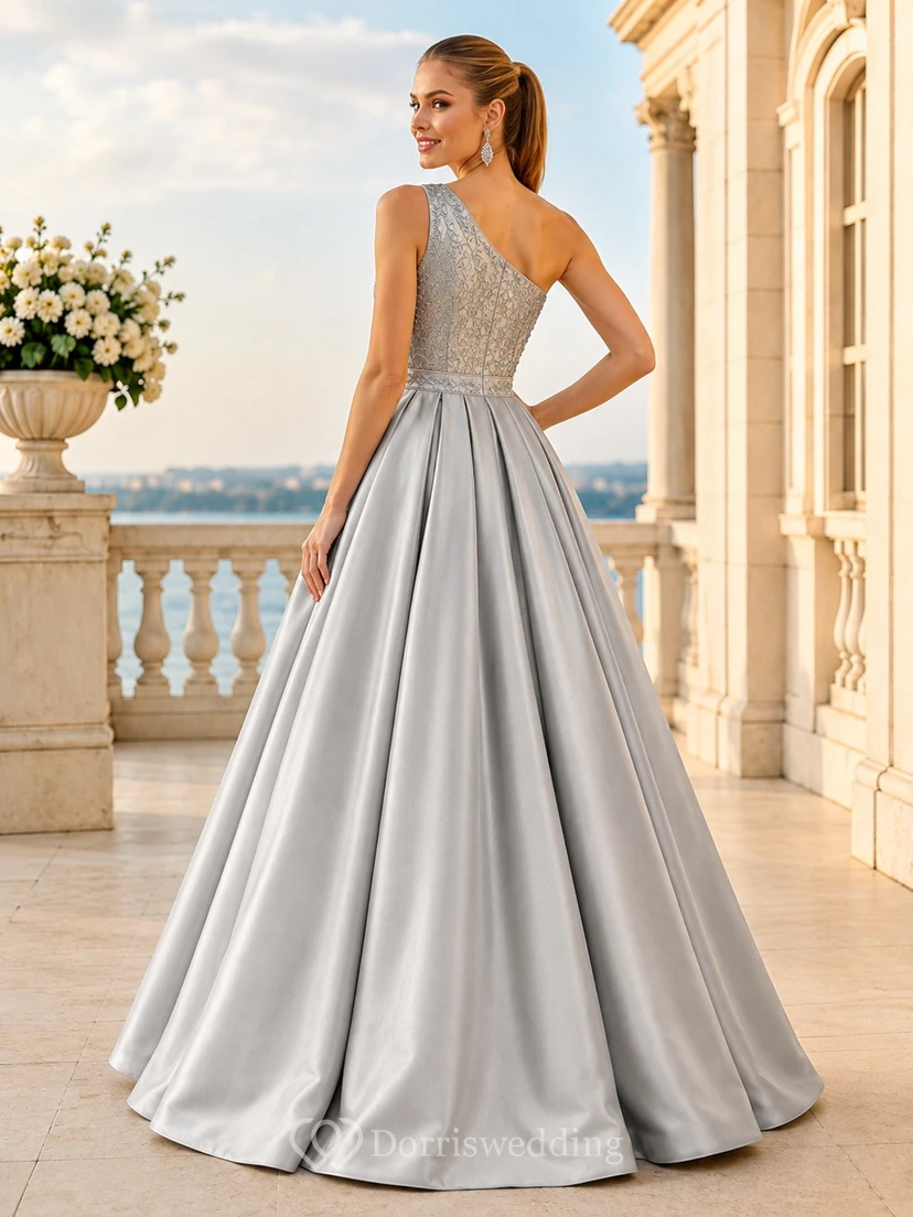 Silver Square Neck Sleeveless Satin Black Trim Ball Gown Dress view 2