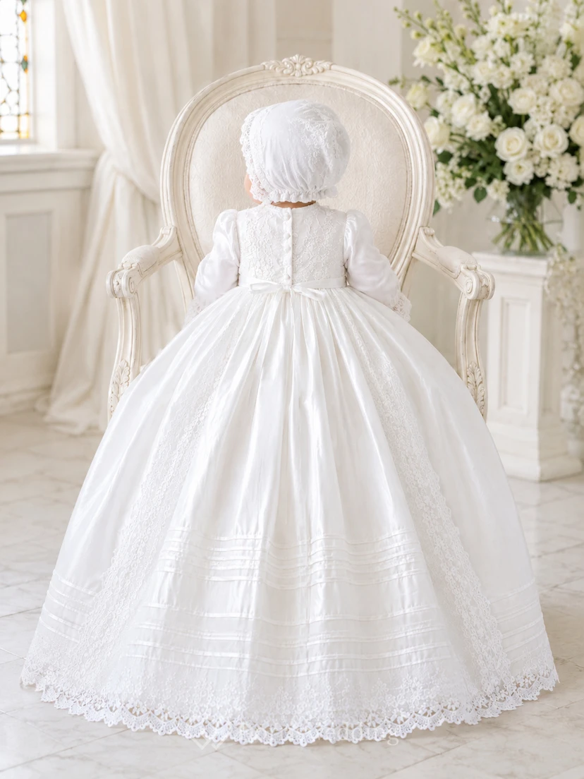 Classic Modest Baby Baptism Christening Ceremony Gown A-Line Floor-Length Jewel Neck Puff Sleeve Satin Lace Bow Back Button Back view 2