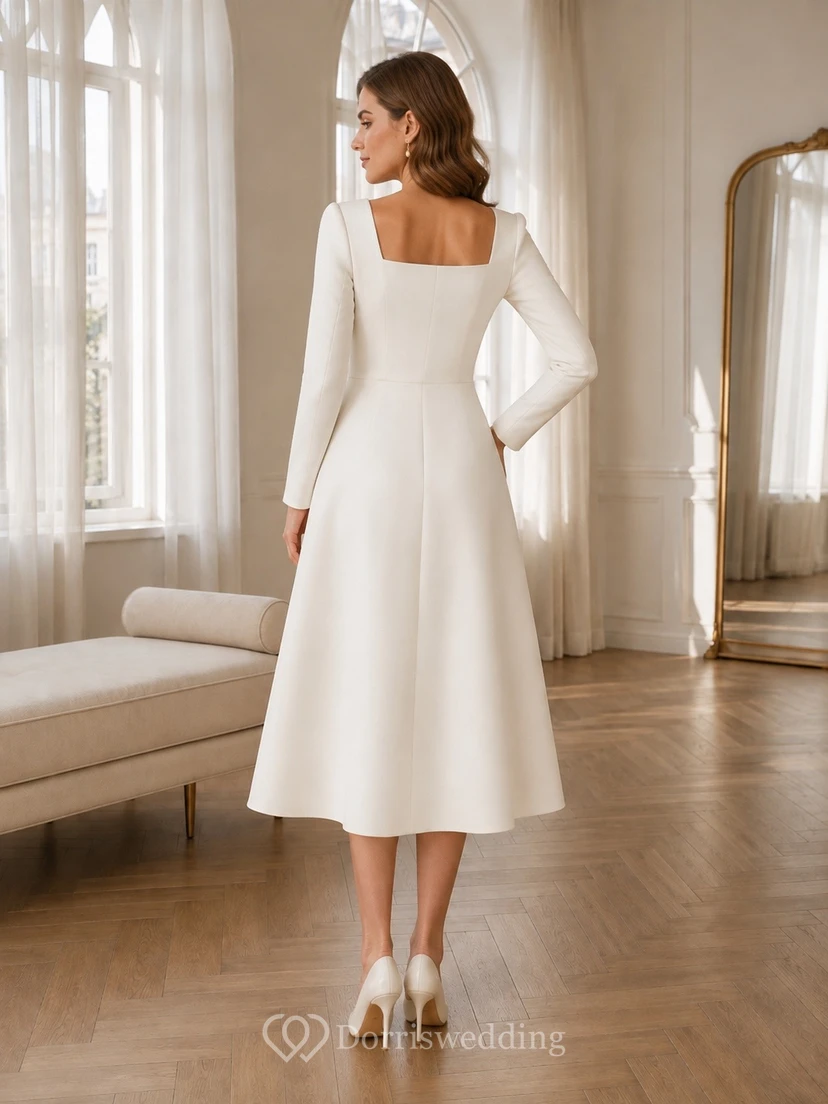 White Jersey Square-Neck Long-Sleeve A-Line Tea-Length Modest Dress view 2