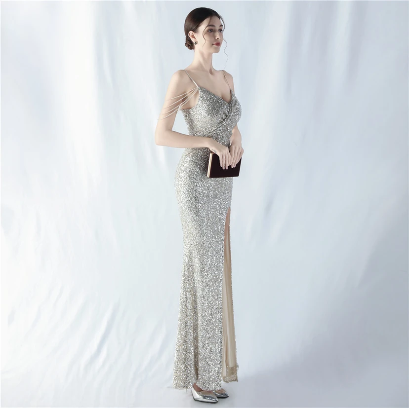 Robe de soirée sexy à bretelles et fente haute, ornée de perles et de perles artisanales. view 59