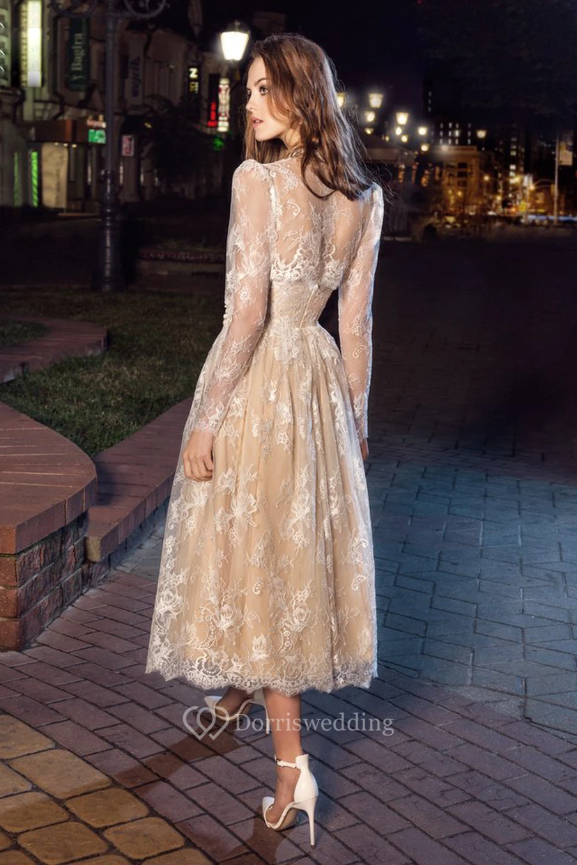 A-Line Tea-Length Strapless Long Sleeve Lace Illusion Dress With Appliques And Pleats view 2