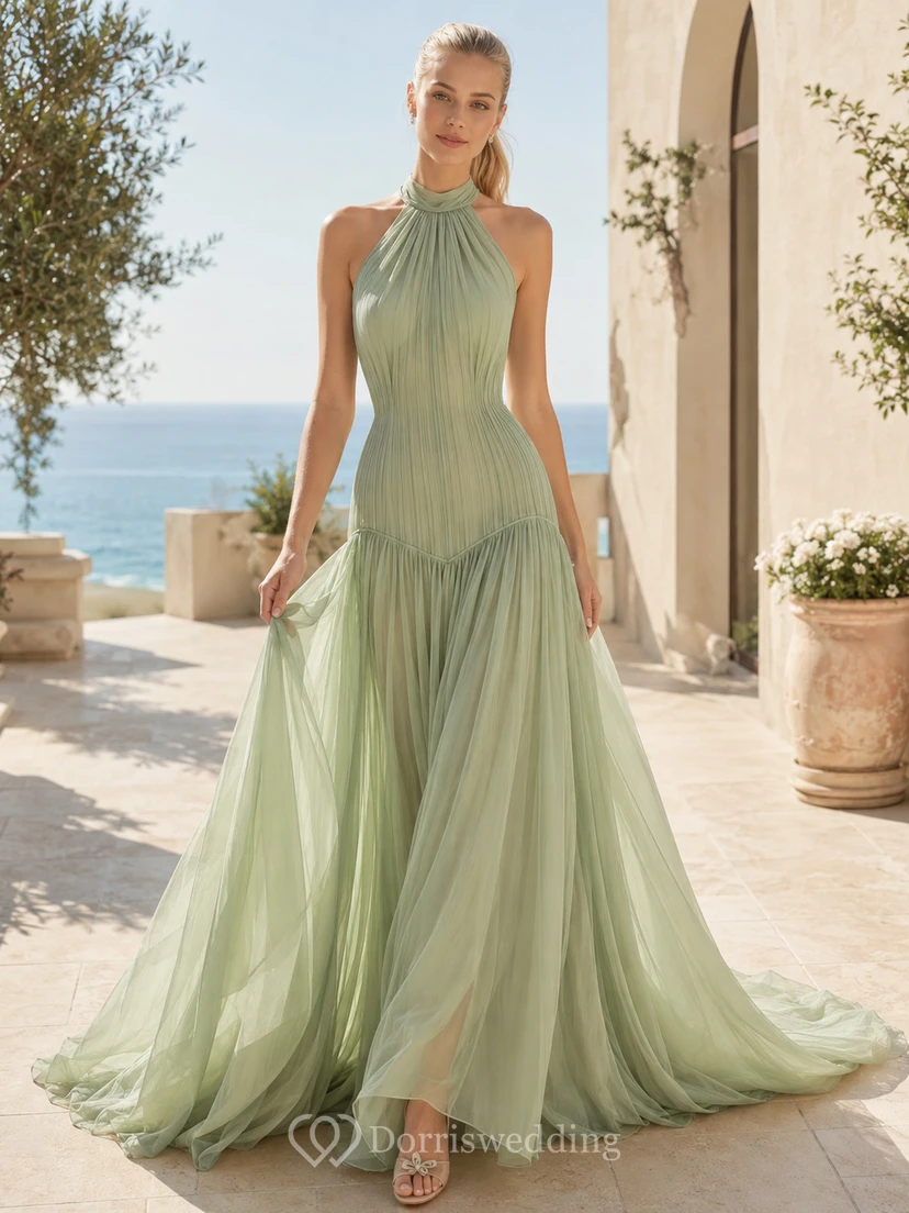 Robe de mariée Sage dos nu plissée en mousseline de soie, taille basse, coupe trapèze, bustier, taille basse