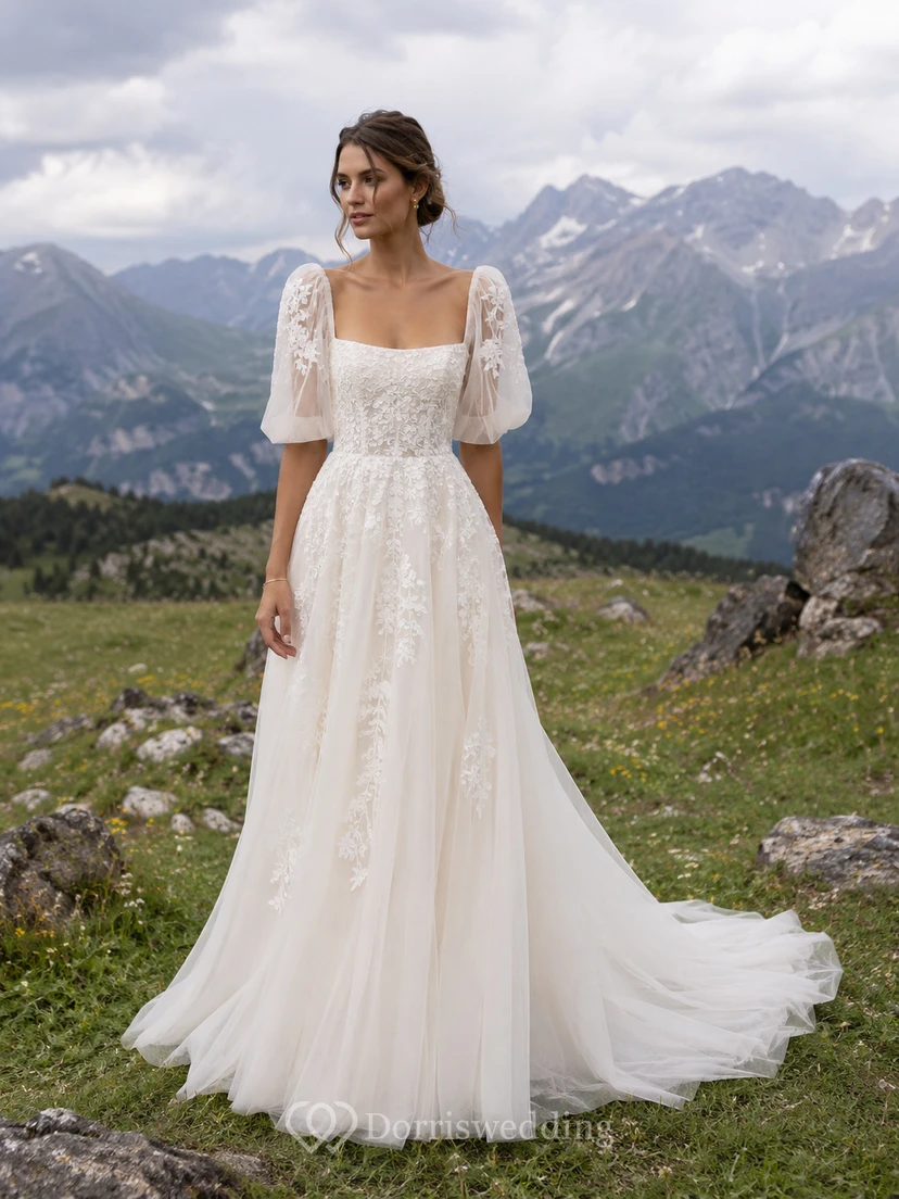 Boho Wedding Dress with Square Neckline, Puff Sleeves, Floral Lace Bodice & A-Line Tulle Train