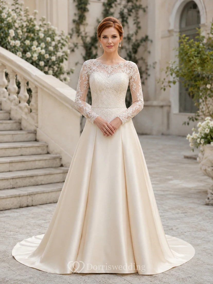 Robe de mariée en satin et dentelle, coupe trapèze, col bateau, manches longues et traîne courte.