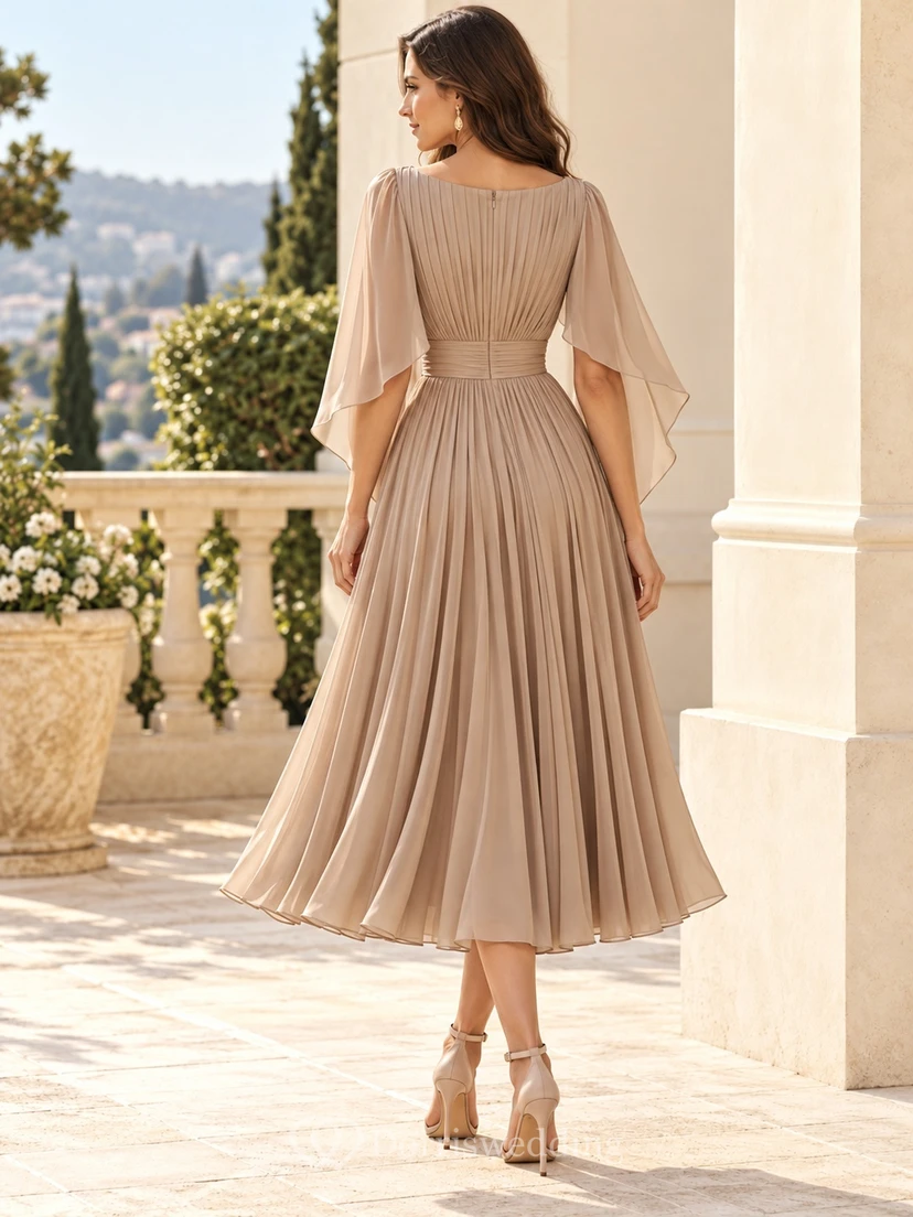 Tea-length Taupe Bateau Gathered Cape Sleeve Pleated Wedding Guest Dress view 2
