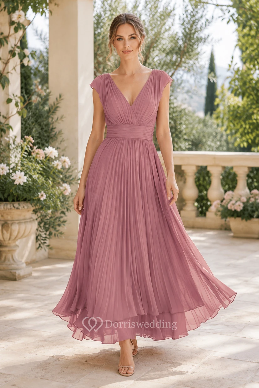 Robe de soirée en mousseline rose poudré à col en V et longueur thé