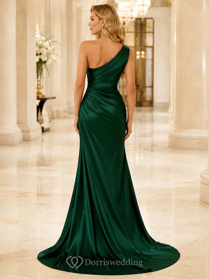Dark Green One Shoulder Satin Slit Evening Dress view 2