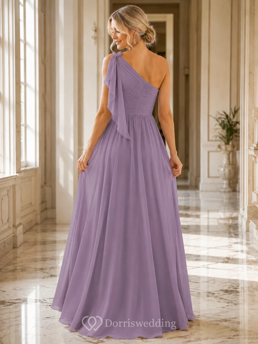 Lavender One-Shoulder Draped Pleated Chiffon Modern A-Line Bridesmaid Gown Reception view 2