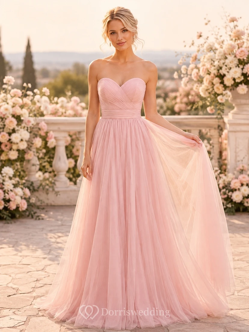 Formal Strapless A-line Tulle Sweetheart Floor-length Romantic Evening Dress