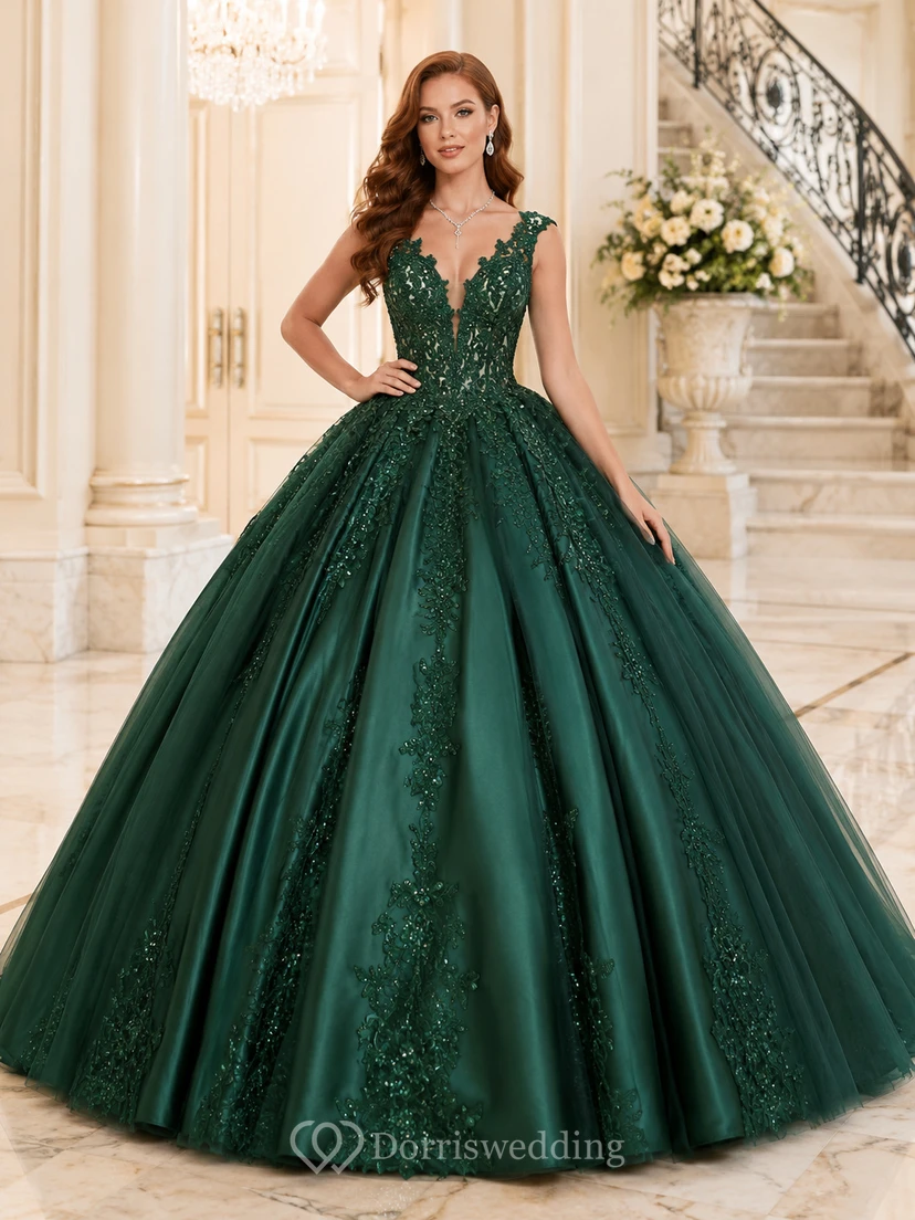 Dunkelgrünes, rückenfreies Quinceañera-Ballkleid aus Satin mit V-Ausschnitt, Perlenbesatz und Spitze