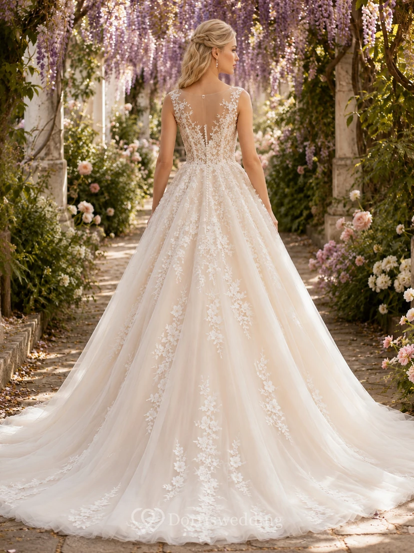 Champagnerfarbenes Ballkleid mit floralen Applikationen, romantisches Brautkleid für den Garten view 2