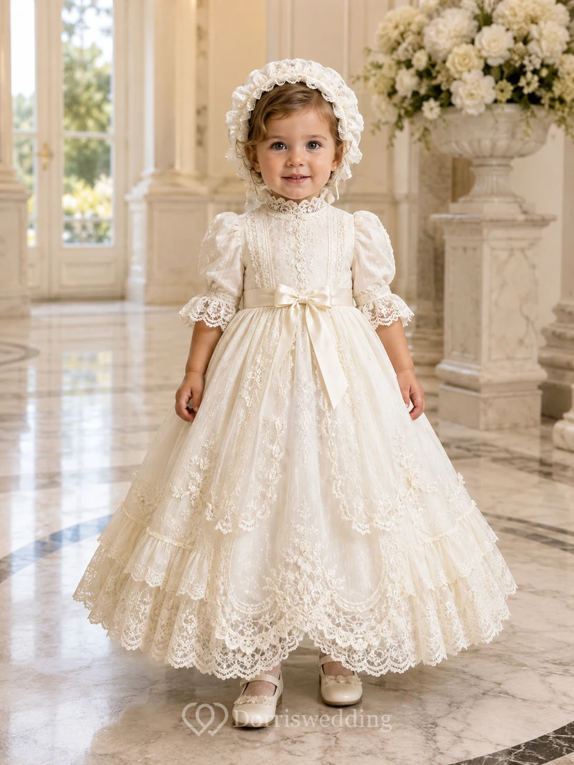 Champagne Vintage Baby Baptism Christening Ceremony Dress A-Line Tea-Length High Neck Puff Sleeve Tulle Lace Bow Back Button Back