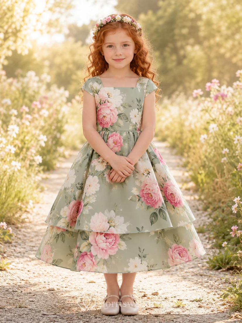 Groß geschnittenes, salbeigrünes Blumenmädchenkleid mit Blumenmuster, kurzen Ärmeln, gestuftem A-Linien-Rock, natürlicher Taille und Teelänge