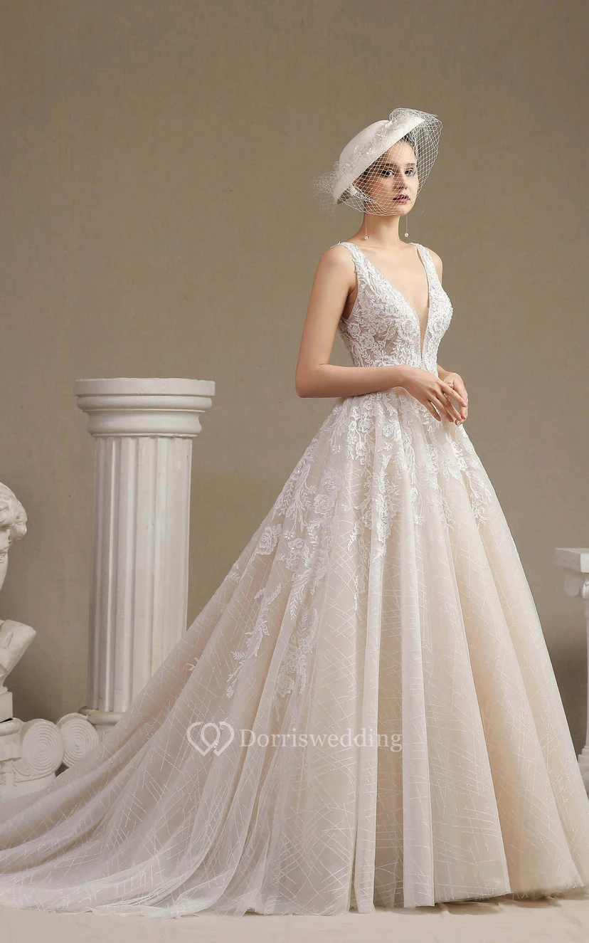 Vintage Plunging V-neck Keyhole Sleeveless Ballgown A Line Wedding Dress With Lace Appliques And Ruching view 3