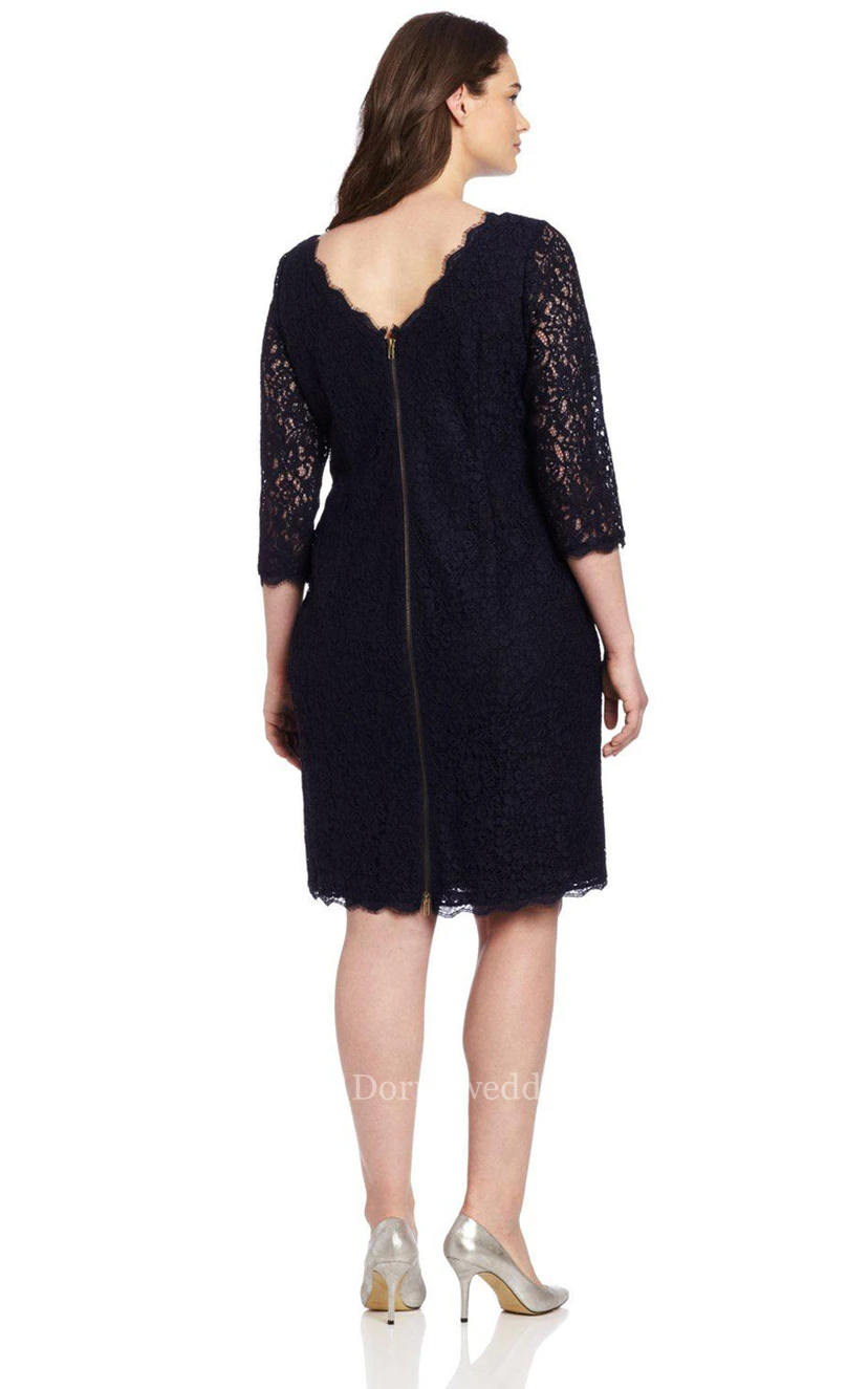 Long Sleeve Knee Length Lace Short Dress With Long Center Zipper view 2