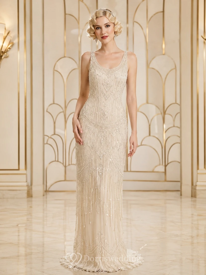 Vestido de novia vintage de lujo con escote cuadrado, lentejuelas y abalorios color champán.