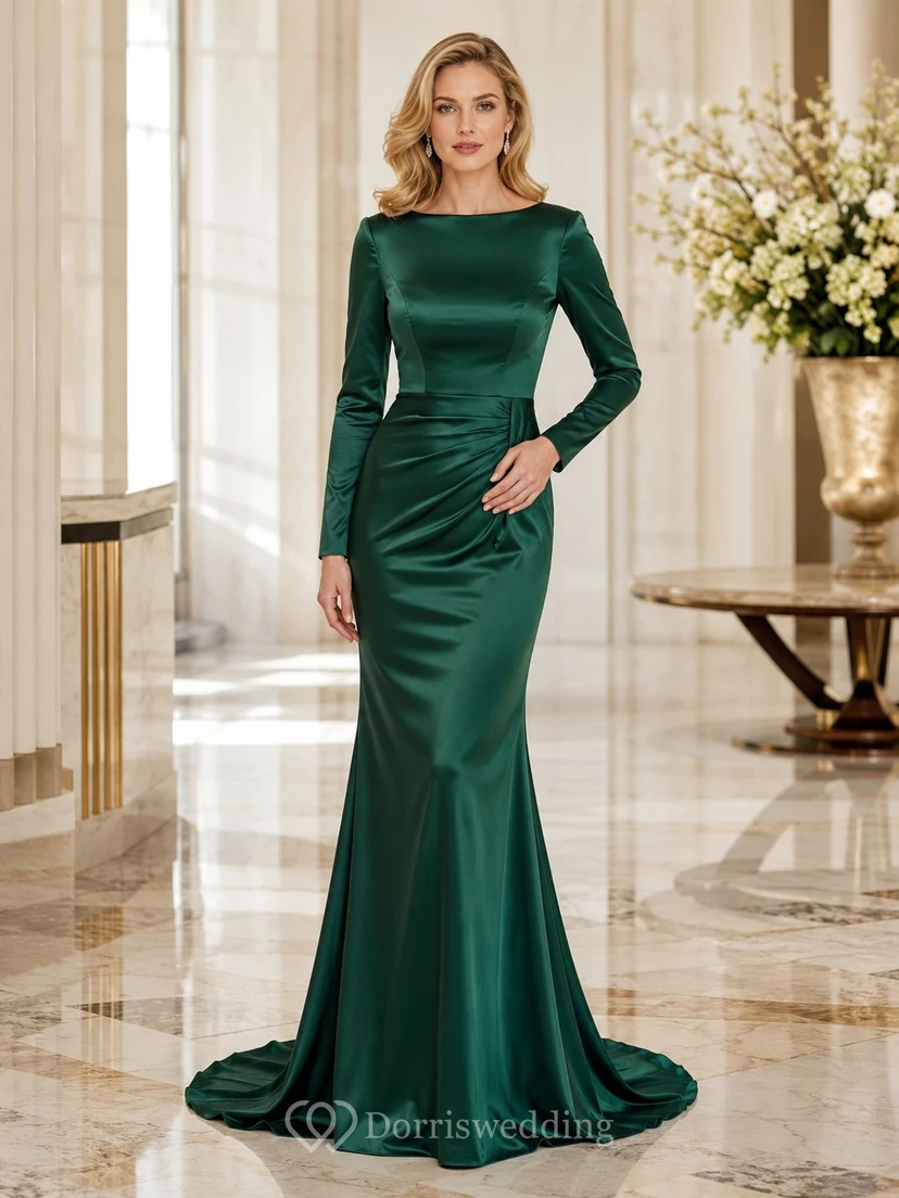 Dark Green Evening Polished Mermaid/Trumpet Bateau Satin Long Sleeve Floor-length Sexy Dress