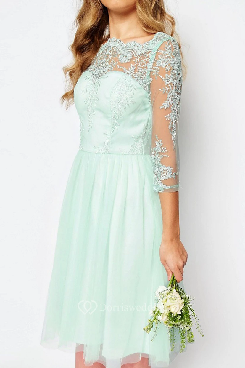 Knee-Length Appliqued Bateau Neck 3-4 Sleeve Tulle Bridesmaid Dress view 4