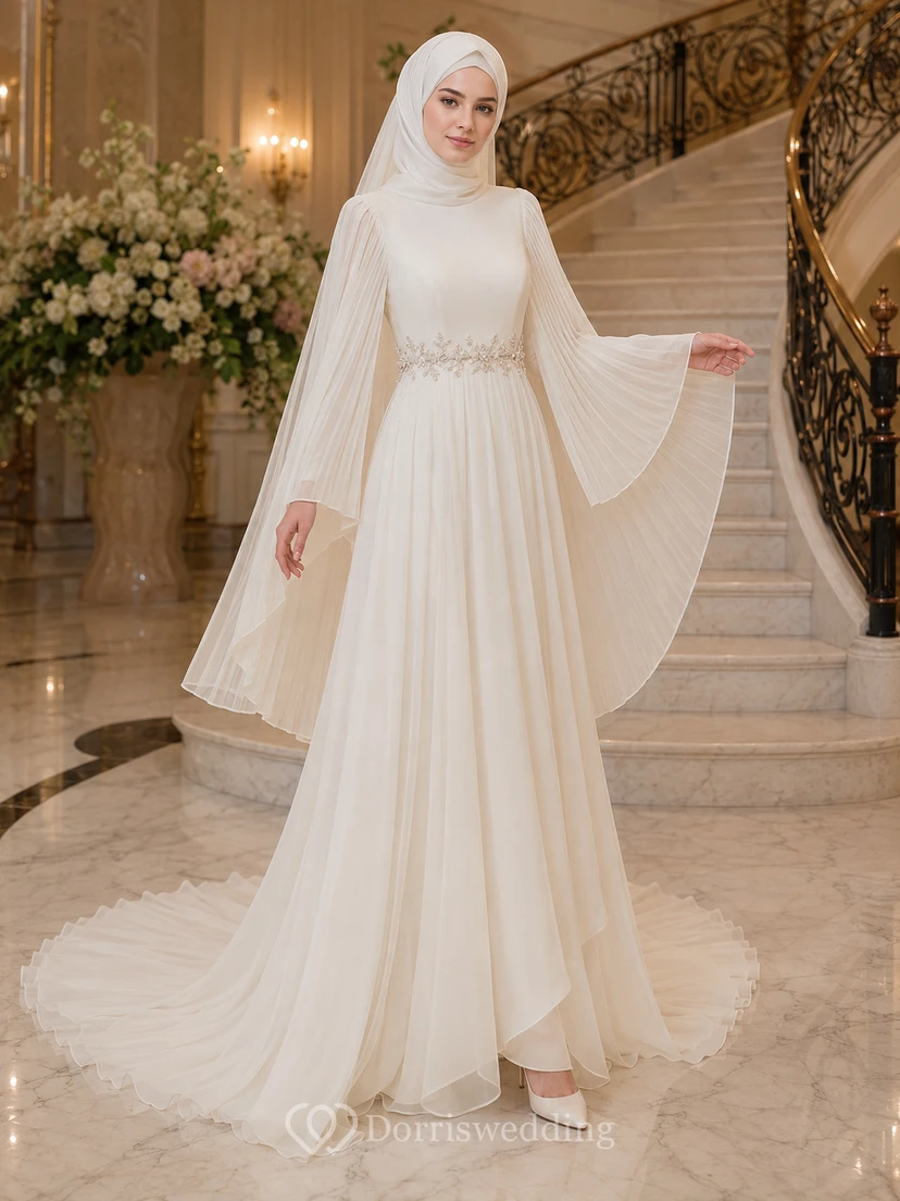 Vestido de novia sencillo musulmán de gasa con mangas tipo capa y cuello alto, corte en A