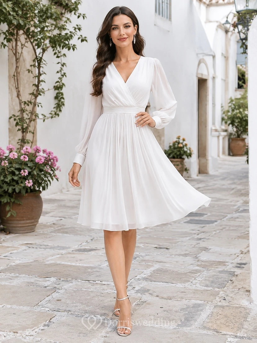 White Chiffon V-neck Long Sleeve A-line Tea-length Evening Dress