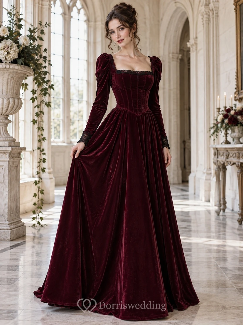 Elegante vestido formal largo hasta el suelo de terciopelo burdeos con mangas cuadradas.