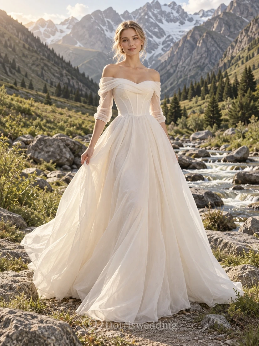 Simple Off Shoulder Organza Three Quarter Sleeve Wedding Dress