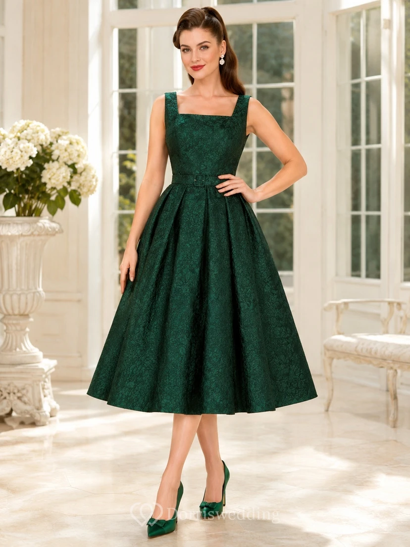 Vintage dunkelgrünes, teelanges Brokat-Cocktailkleid im Stil der 1950er Jahre mit eckigem Ausschnitt und A-Linien-Schnitt