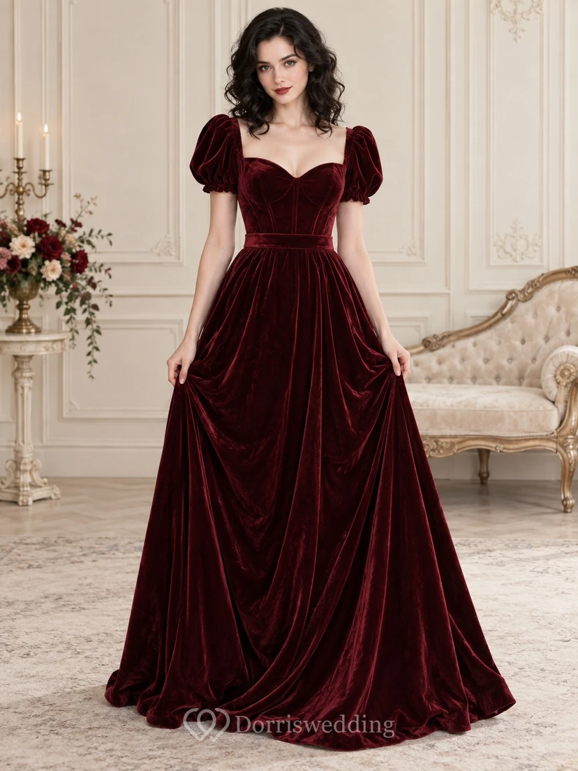 Burgunderrotes, gotisches Brautjungfernkleid mit herzförmigem Herzausschnitt, Puffärmeln und Samtkorsett, drapiert und voluminös.