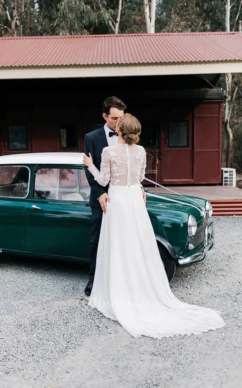 Schlichtes, langärmeliges Chiffon-Hochzeitskleid mit U-Boot-Ausschnitt und vorderem Schlitz view 2