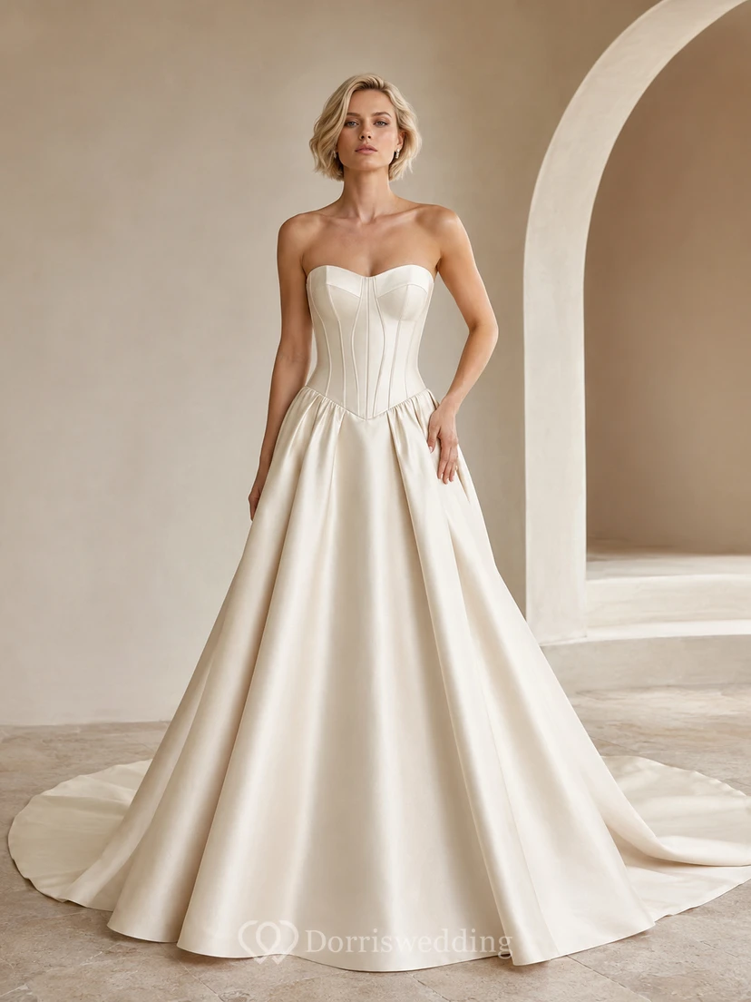 Robe de mariée de bal en satin champagne sans bretelles, corset pointu, robe de mariée bustier pointue.