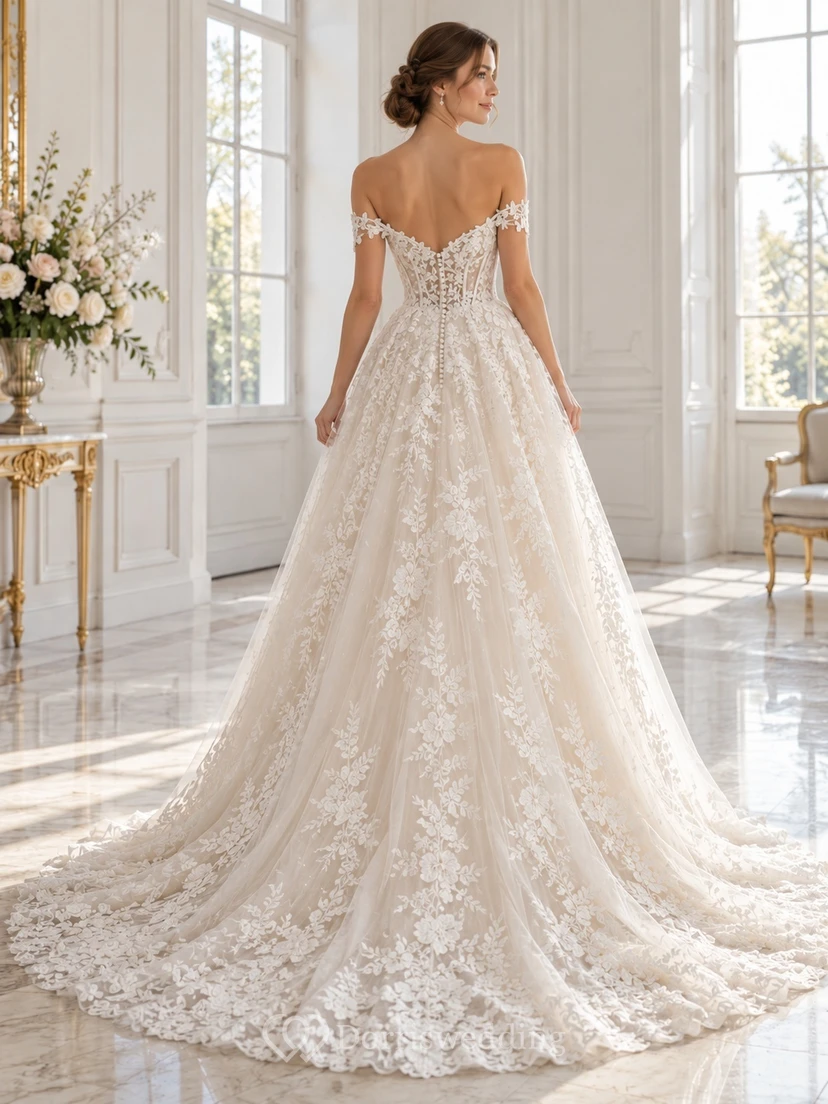 Off Shoulder Sweetheart Large Floral A-Line Bridal Wedding Dress view 2