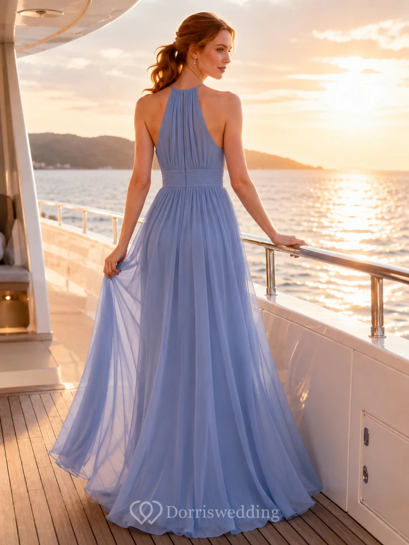 Steel Blue Yacht A-Line Chiffon Bridesmaid Dress with Sleeveless Halter High Neck Bodice, Pleated Floor-Length Skirt and Keyhole Strappy Back view 2