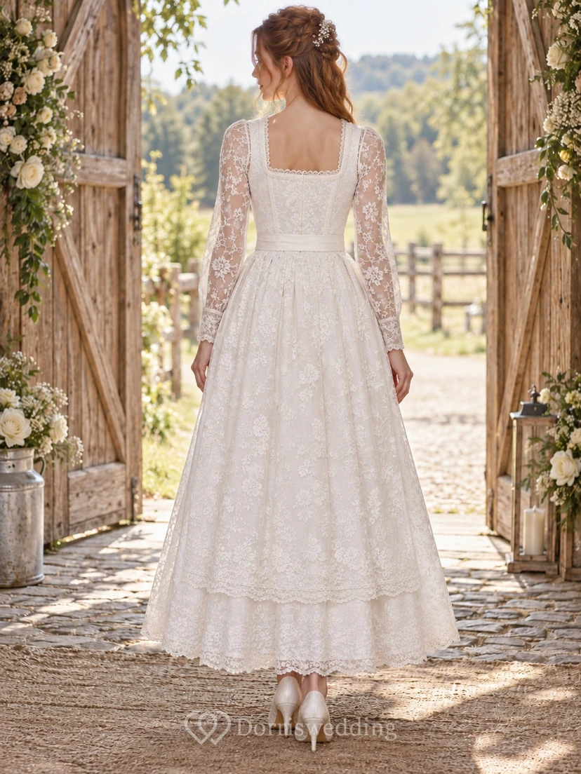 Robe de mariée Dirndl champêtre à manches longues et col carré en dentelle, tablier en dentelle view 2
