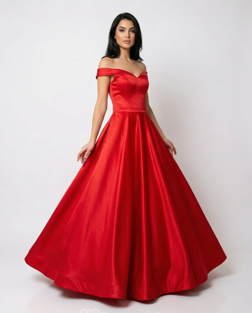 Red Satin Ball Gown Off Shoulder A-Line Prom Dress with Sweetheart Neckline