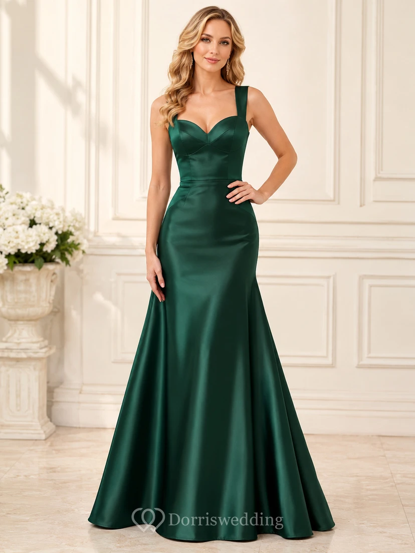 Emerald V-Neck Satin Fit And Flare Formal Dress