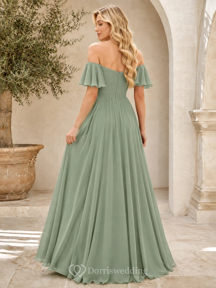 Formal Off-shoulder A-line Chiffon Floor-length Romantic Bridesmaid Dress view 2