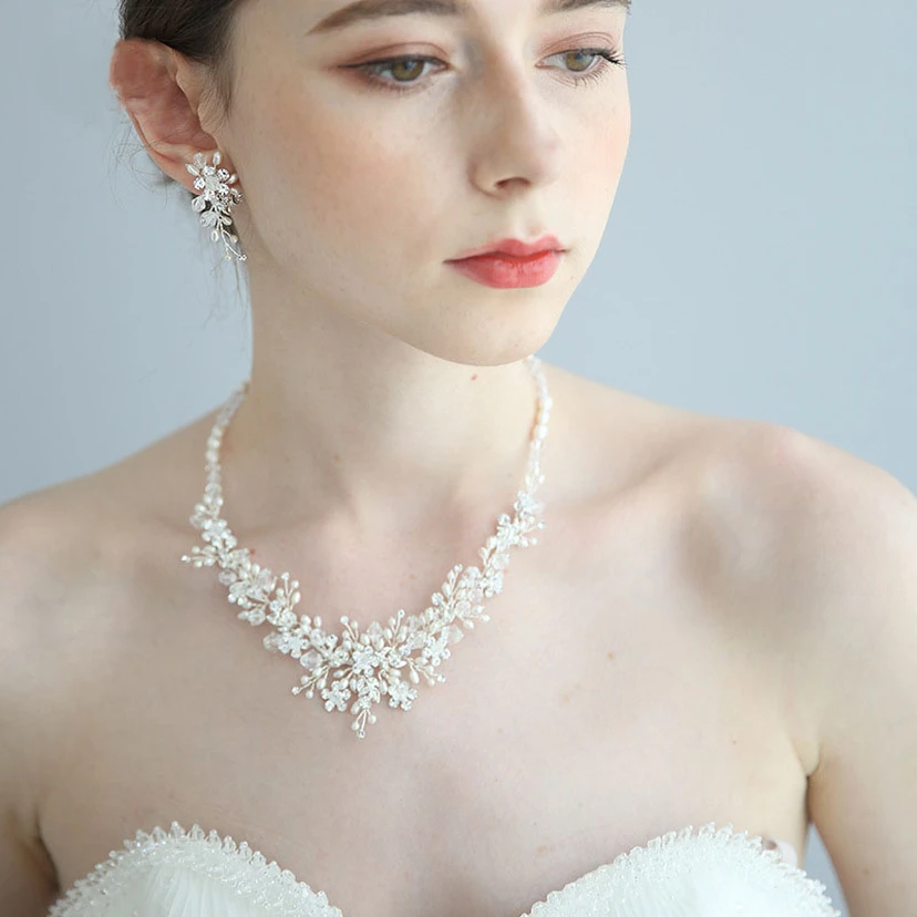 Elegant Silver Bridal Rhinestone Pearl Necklace and Earrings and Crown view 4