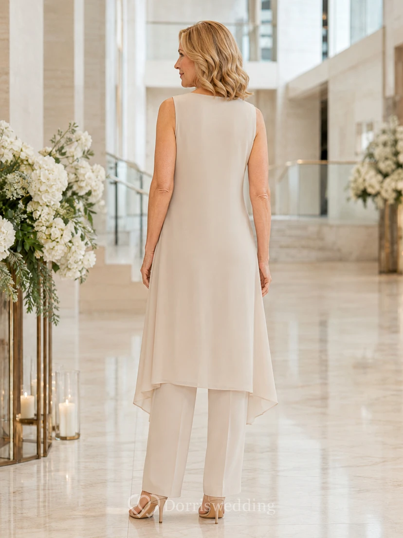 Soft neutral sleeveless overlay pantsuit modern mother dress set view 2