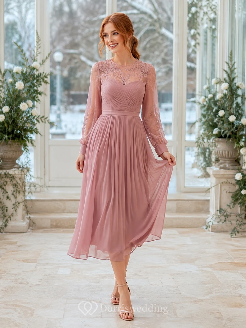 Robe de soirée romantique rose poudré illusion bateau à manches longues en mousseline de soie, longueur thé