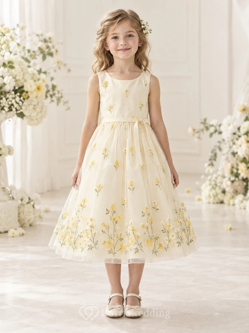 Tea-length Cream Sleeveless Scoop Yellow Floral Embroidered Bow Sashed Tulle Flowergirl Dress