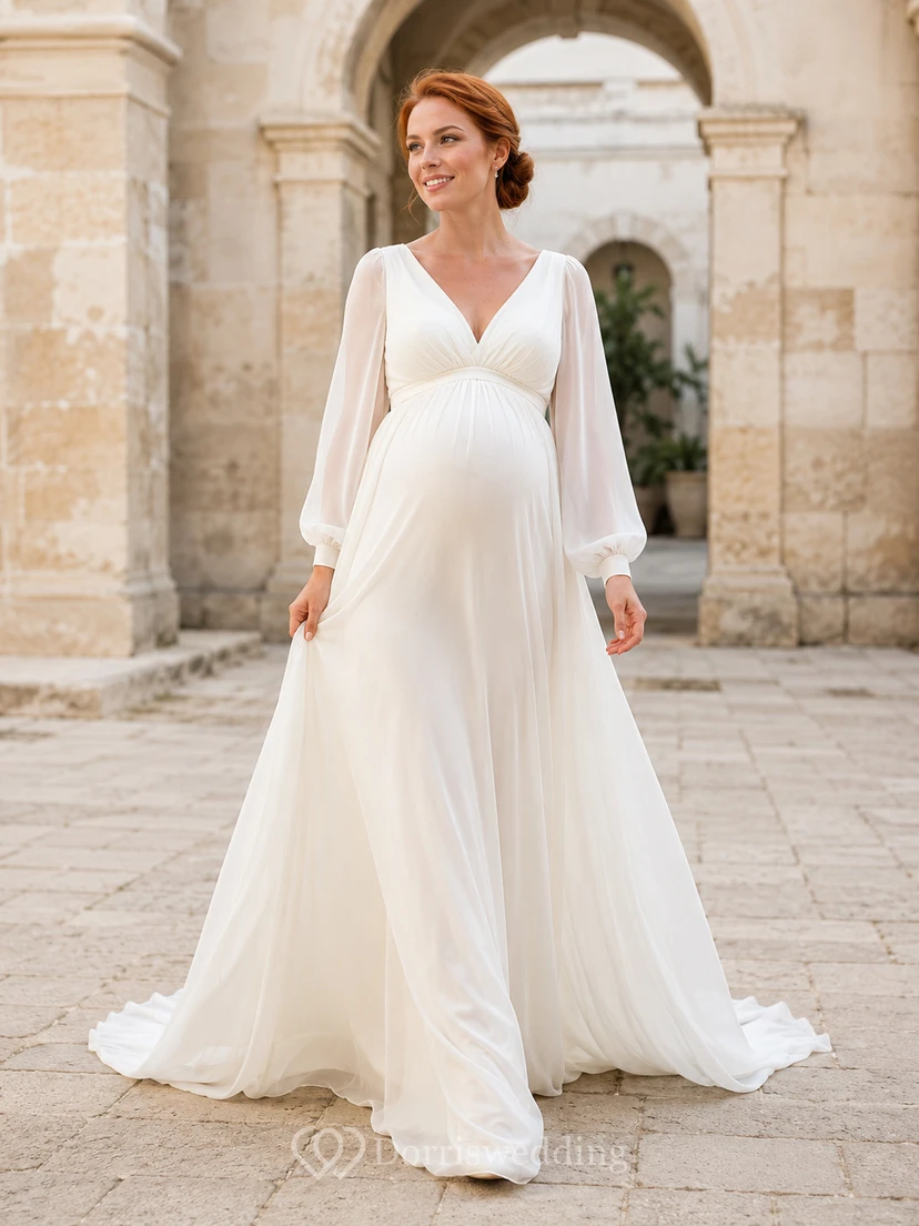 Simple Maternity V Neck Long Poet Sleeve Chiffon Empire Sweep Wedding Gown
