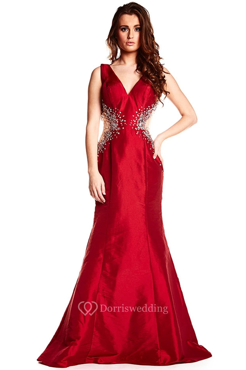 Mermaid Floor-Length Beaded Sleeveless V-Neck Satin Prom Dress With Deep-V Back