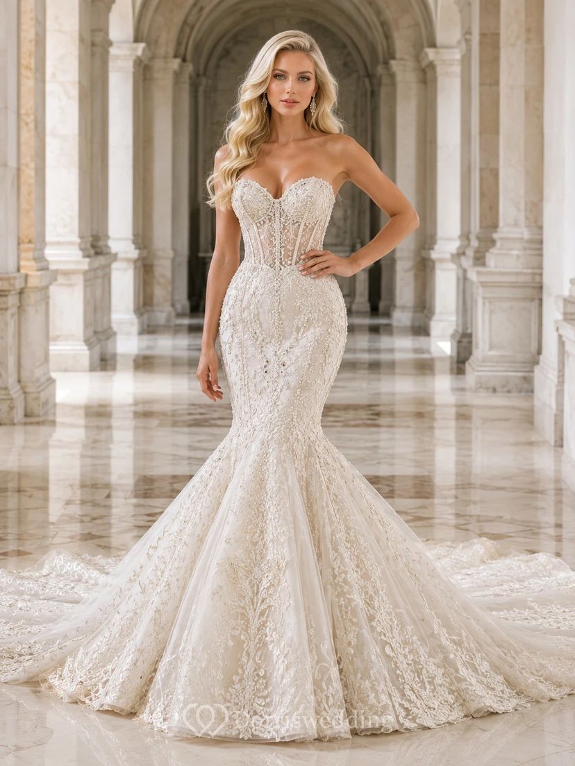 Trägerloses Brautkleid mit Herzausschnitt, Perlenbesatz, Meerjungfrauen-Stil, Illusion-Teppich, Kapellenschleppe