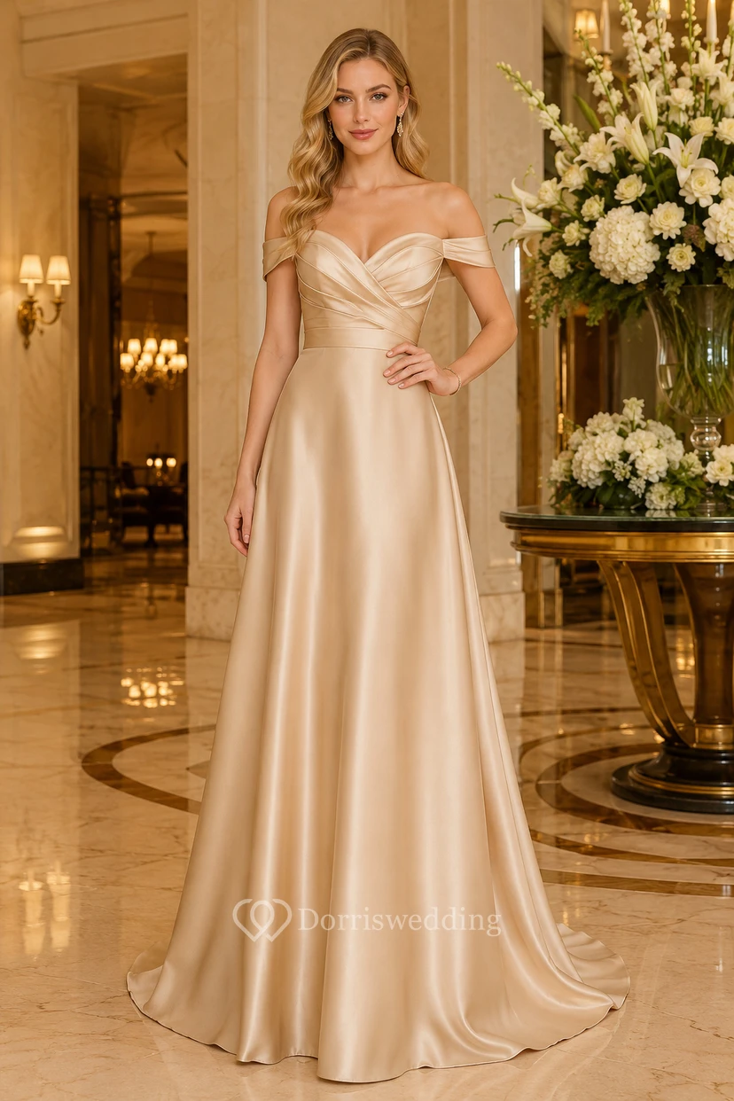 Champagne Off Shoulder Satin A-Line Wedding Dress with Sweep Train