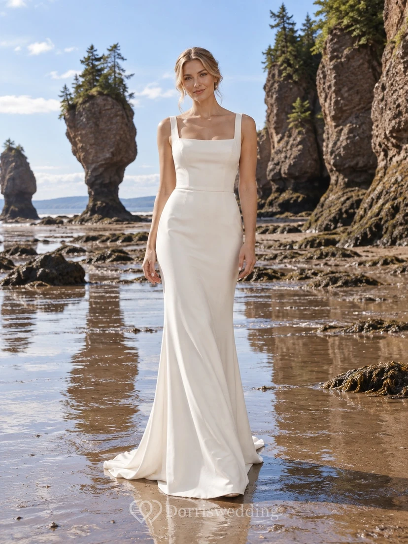 Vestido de novia de escote cuadrado con tirantes anchos, silueta sirena de crepé y cola larga.