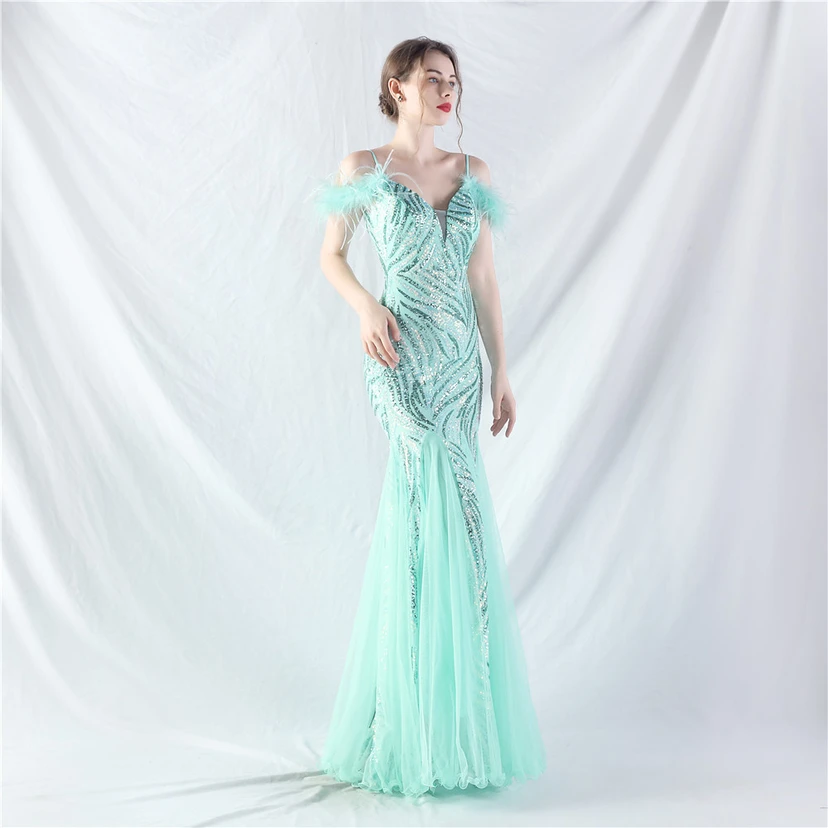 Crafted Ostrich Feather Stacked Sequins Splicing Mesh Gauze High-End Evening Dress Clothes view 83